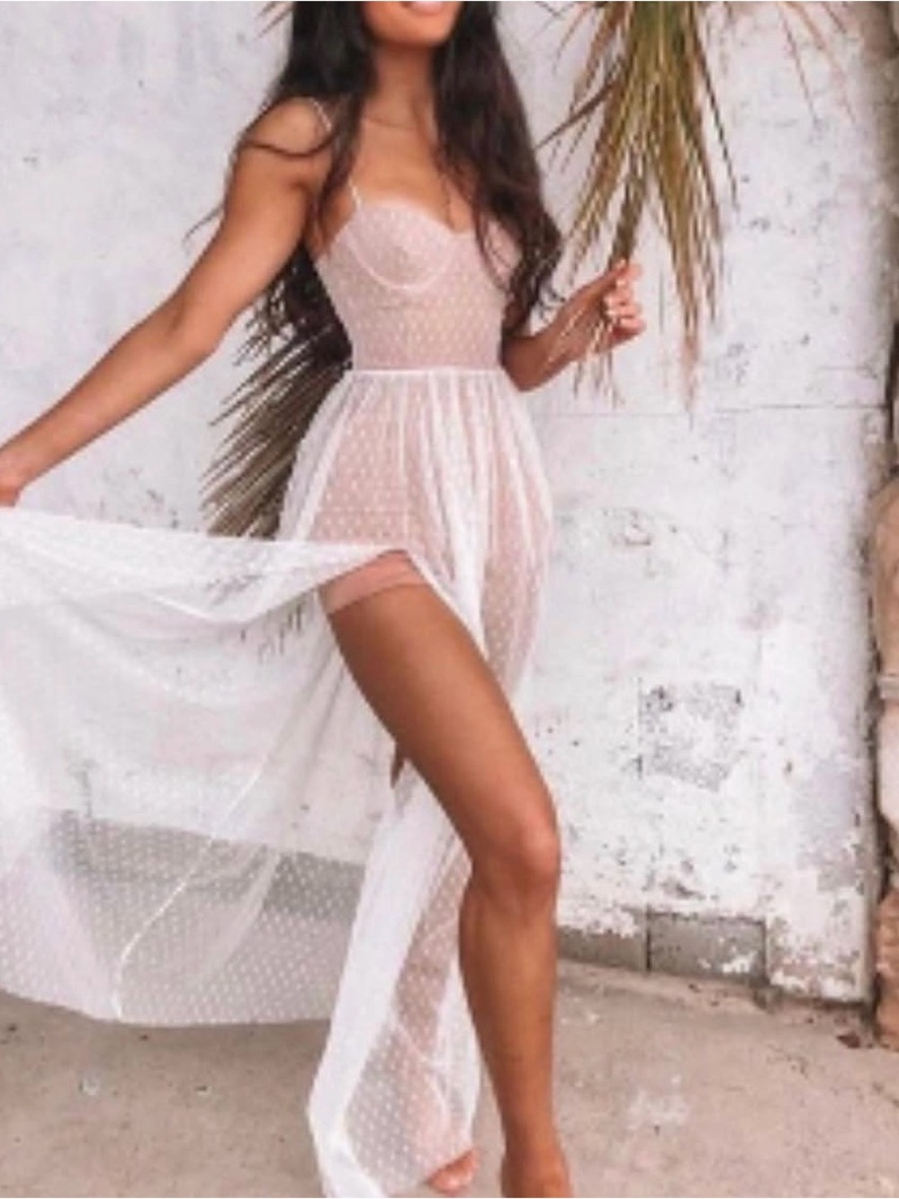 White Fox Boutique Sheer White Polka-Dot Maxi Dress with Spaghetti Straps